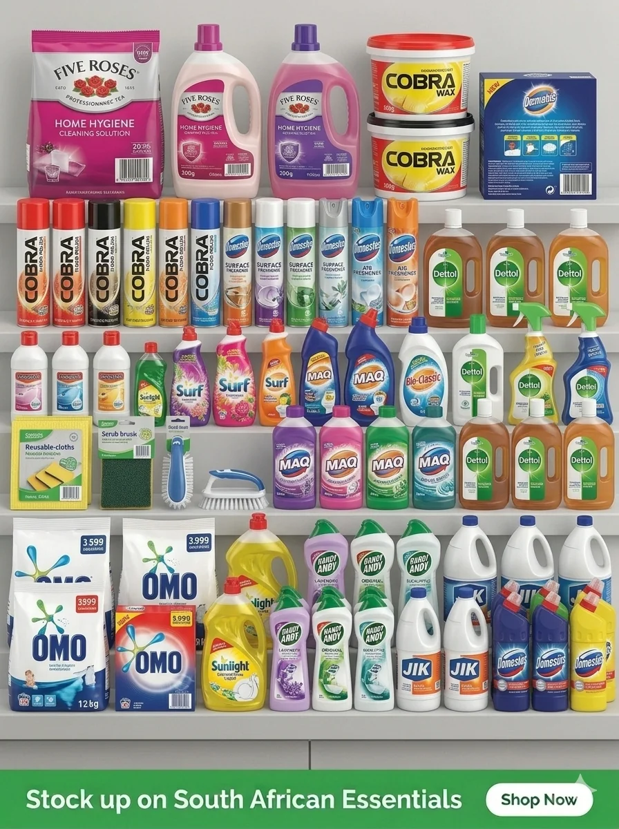 Cleaning detergents and bottles of household cleaning products lined up on a shelf